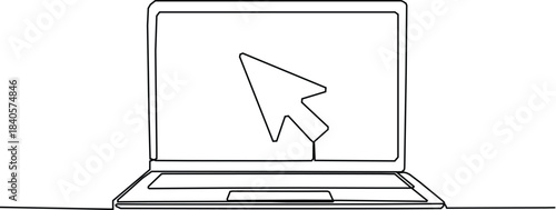 Laptop with mouse cursor continuous line drawn. Arrow pointer linear symbol. 