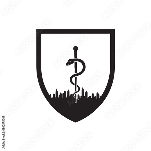 Medical shield logo with rod of asclepius and cityscape silhouette, healthcare symbol