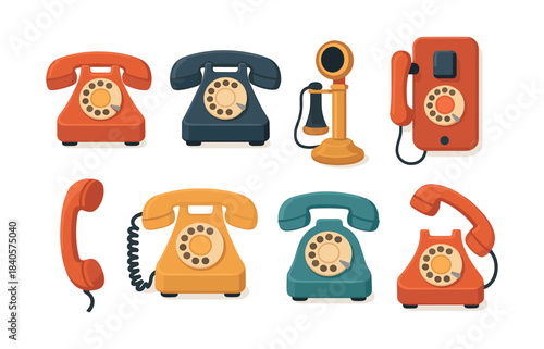 Retro telephones collection, flat vector illustration, vintage, communication devices