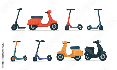 Electric scooter and moped set, transport vehicles, flat vector illustration