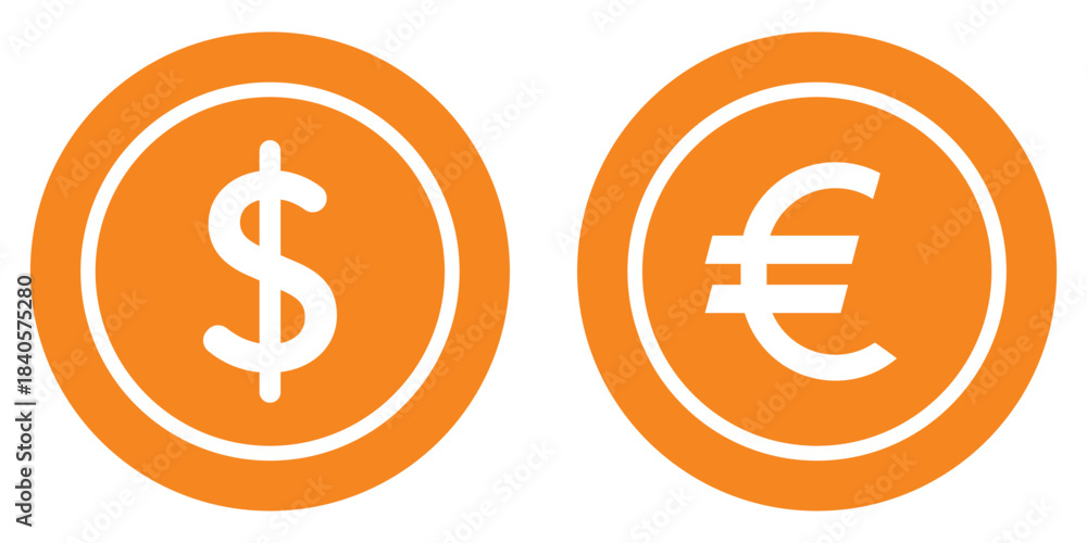 Fototapeta premium Set of euro and dollar currency icon symbol. Popular international currency sign. Dollar & Euro money coins icon signs. Money icon set. Dollar and Euro symbol. Minimalist Financial Symbols. 