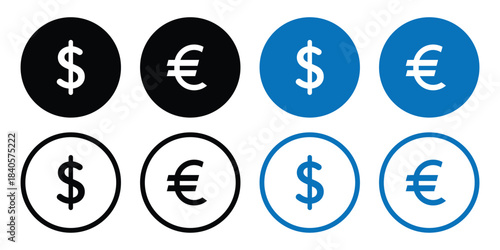 Set of euro and dollar currency icon symbol. Popular international currency sign. Dollar & Euro money coins icon signs. Money icon set. Dollar and Euro symbol. Minimalist Financial Symbols. 