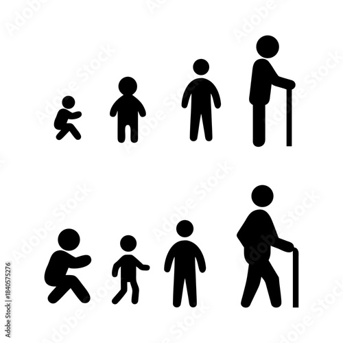Human life cycle stages from baby to elderly person with cane