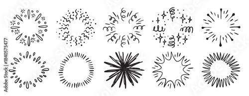 confetti, fireworks vibrant doodle hand drawn symbols, Dynamic images crafted for digital advertising excellence, icons created specifically to boost social media visibility and engagement