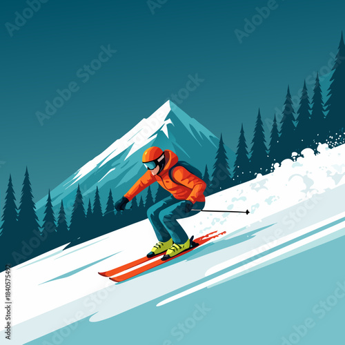 Skier carving down a snowy mountain slope with precision.