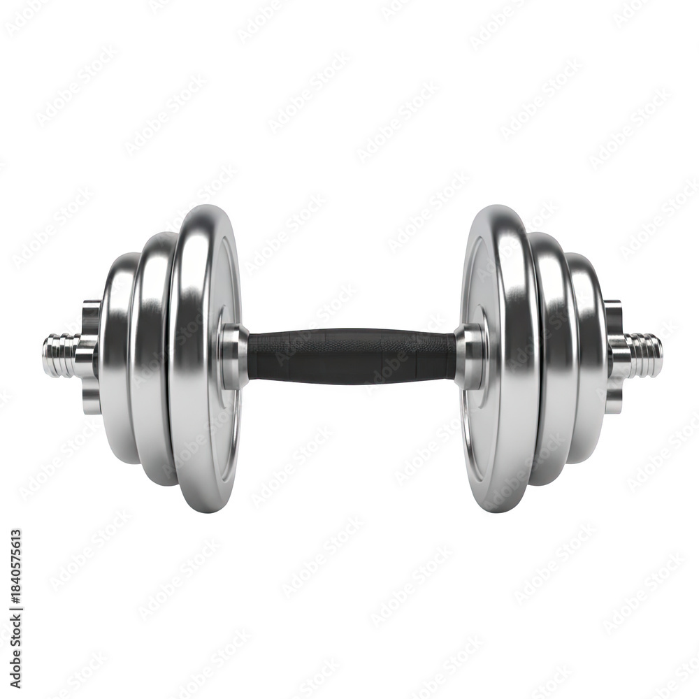 Fototapeta premium Silver dumbbell with black handle isolated on transparent background