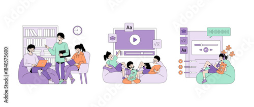 Online Learning and Family Interaction Vector Illustration