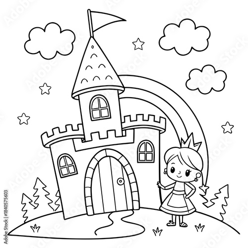 Kawaii Princess in a Heart Castle coloring page for kids