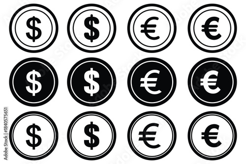 currency icons set. Australian dollar, us dollar, euro, pound, yuan, Yun, pkr, uae dirham, romania dinar, dinar, symbol sign. collection of currency symbol. Currency Signs, Financial App Icons. EPS 10