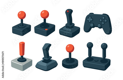 Retro game controllers collection, flat vector illustration, joysticks and gamepads
