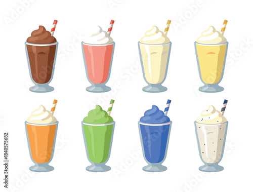 Milkshake collection, chocolate, vanilla, strawberry, flat vector illustration