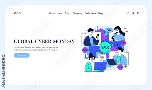 Cyber Monday Sale Vector Illustration with Online Shoppers