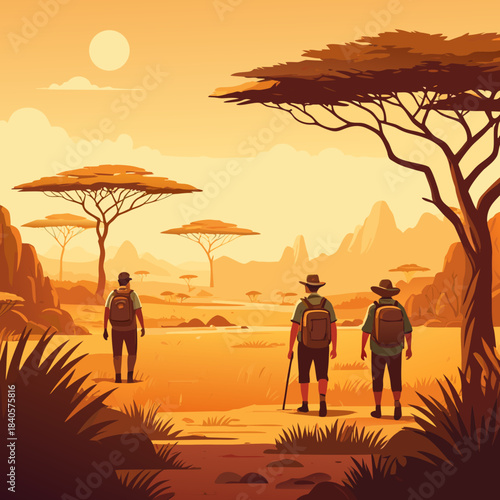 Three hikers trekking through the African savanna landscape.