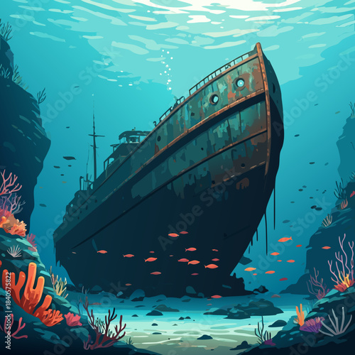 Sunken Shipwreck in Ocean Depths A Marine Adventure.