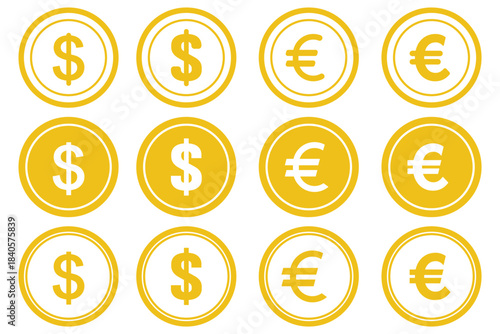 Dollar euro financial icon illustration showing online payment symbols, digital wallet graphics, currency signs and earnings coin visuals suitable, Money and currency symbols. Financial Symbols. EPS10