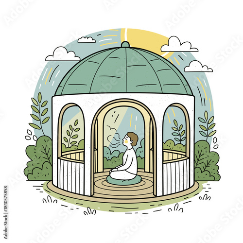 Childlike drawing of outdoor gazebo for breathing exercises and health  