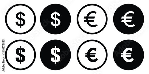 dollar and euro currency icon set featuring clean financial symbols, minimalist money graphics, and clear currency signs, ideal for banking apps, financial presentations, economic infographics. EPS 10