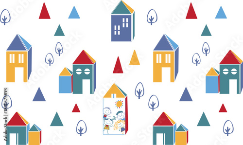 Colorful Village House Pattern Design Motif. Vector Illustration