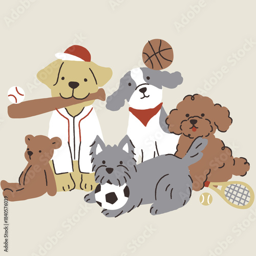 Cute Puppies Playing with Toys and Sports Equipment. Vector Illustration