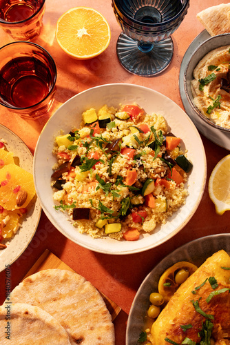 Moroccan couscous with vegetables, hummus, citrus salad and flatbread on a warm table