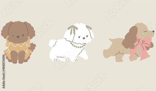 Cute illustrations of three little puppies. Vector Illustration