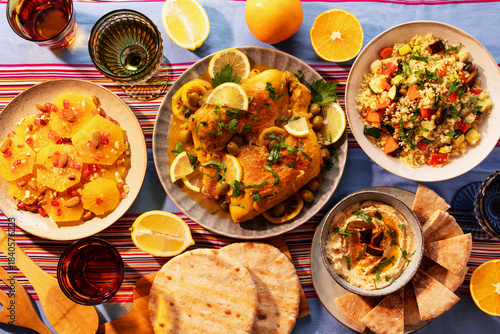Moroccan feast with chicken tagine, vegetable couscous, orange salad, and eggplant dip