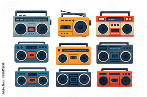 Retro boombox collection, portable radios, flat vector illustration