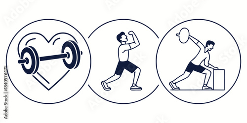 “Fitness and gym icon set, dumbbell, heart rate, workout poses, clean outline stroke, professional UI/UX SVG pack”