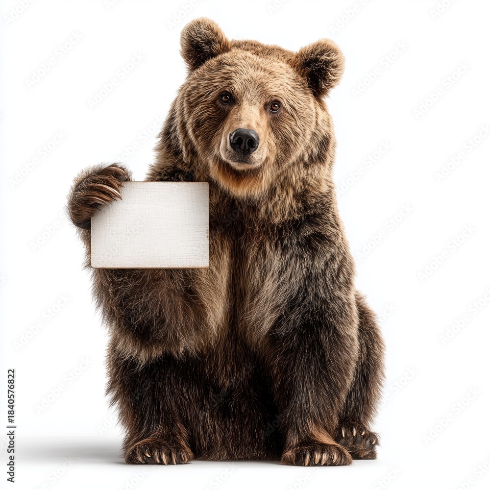 Fototapeta premium Brown Bear Sitting Holding Blank White Sign Isolated on White Background