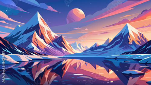 Very beautiful arctic landscape with snowy mountains mirrored on a calm lake, glowing under colorful sky tones during sunrise, capturing serene northern winter beauty.