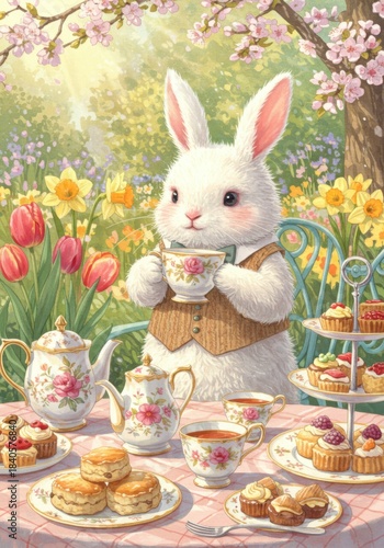 White Bunny Enjoying Afternoon Tea in a Spring Garden