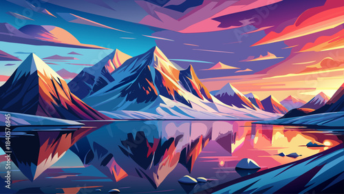 Very beautiful arctic landscape with snowy mountains mirrored on a calm lake, glowing under colorful sky tones during sunrise, capturing serene northern winter beauty.