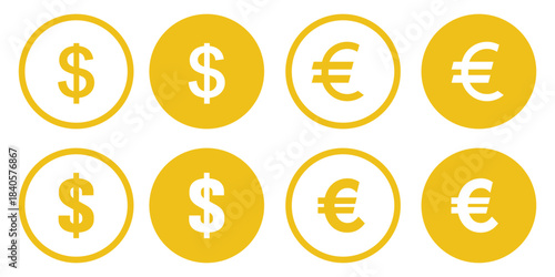 currency icons set. Australian dollar, us dollar, euro, pound, yuan, Yun, pkr, uae dirham, romania dinar, dinar, symbol sign. collection of currency symbol. Currency Signs, Financial App Icons. EPS 10