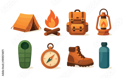 Camping essentials, tent, backpack, lantern, flat vector illustration