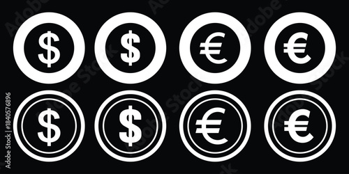 Dollar and Euro Currency Icon Set – Minimalist Financial Symbols, Money Graphics, Banking and Economic Vector Illustration, Currency Signs, Financial App Icons, Economic Infographics, Clean Vector. 