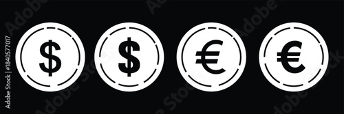 Dollar and Euro Currency Icon Set – Minimalist Financial Symbols, Money Graphics, Banking and Economic Vector Illustration, Currency Signs, Financial App Icons, Economic Infographics, Clean Vector. 