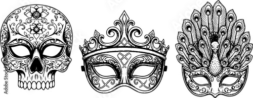Set of vintage masks featuring skull, crown, and peacock designs. Engraved silhouettes in black and white vector illustration