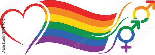 A dynamic vector design combining a rainbow heart, a flowing LGBTQ+ pride flag, and interlocking gender symbols to represent diversity and love.
