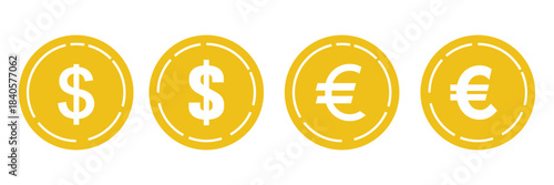 Dollar and Euro Currency Icon Set – Minimalist Financial Symbols, Money Graphics, Banking and Economic Vector Illustration, Currency Signs, Financial App Icons, Economic Infographics, Clean Vector. 