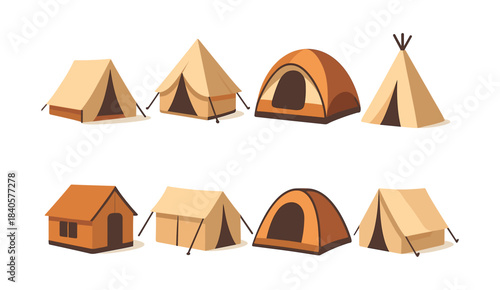 Camping tents collection, teepees, shelters and cabins, flat vector illustration