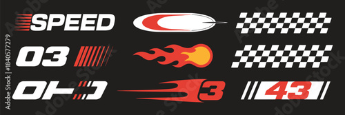 racing cars and stripe vector set including checkered flags, race decals, motocross labels, speed lines, and tuning stickers, perfect for car wrap designs, motorsport visuals, automotive illustrations