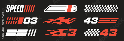 racing cars and stripe vector set featuring dynamic speed lines, checkered flags, motocross labels, race decals, and tuning stickers, suitable for motorsport graphics, automotive branding, and high