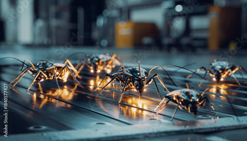 Several glowing metallic robotic insects crawl on a dark industrial surface.