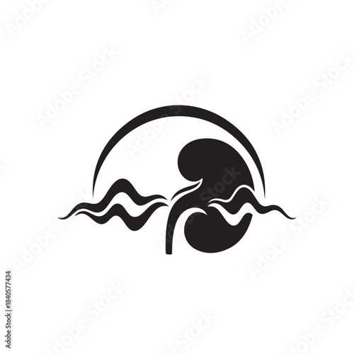 Kidney silhouette icon with waves and half moon for medical and health concepts, flat vector symbol