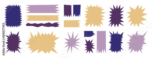 Colorful comic burst stickers scattered across canvas, handdrawn jagged shapes in lavender and mustard tones, empty centers ideal for headline or price, playful energetic vibe for sale, packaging,