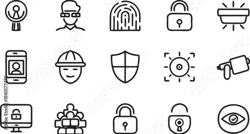Set of minimalist security and privacy line icons ideal for digital protection access control and data safety applications