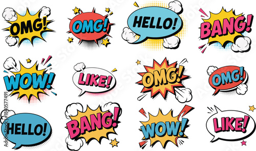 colorful comic speech bubbles set with words omg, hello, bang, wow, like, pop art style, cartoon expression design