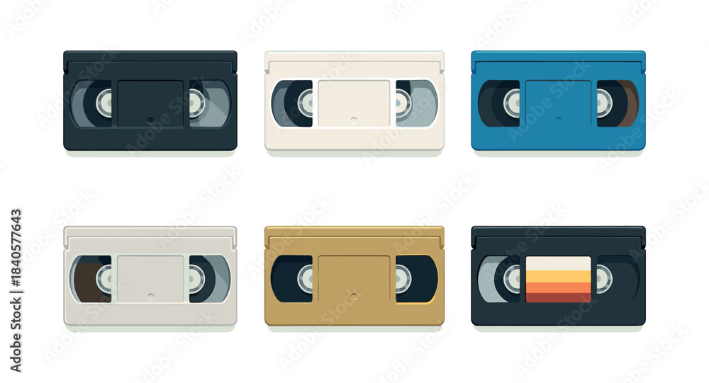Fototapeta premium Retro vhs tapes collection, cassette, vintage media, flat vector illustration