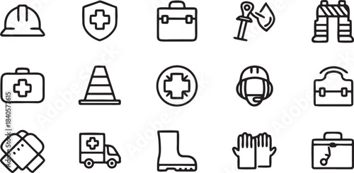 Set of outline safety and construction icons featuring essential tools and equipment for workplace health and industrial design projects isolated on white background