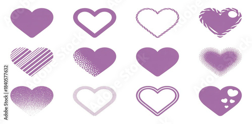 Valentine Purple love, Valentine purple hearts, heart icon set, love symbols, various hearts, heart shapes, outline heart, solid heart, textured, striped, doodle, sketchy